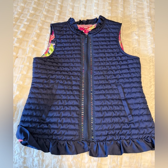 Lilly Pulitzer Navy Quilted Puffer Vest with Colorful Floral Lining-Size 12/14 - Picture 1 of 10